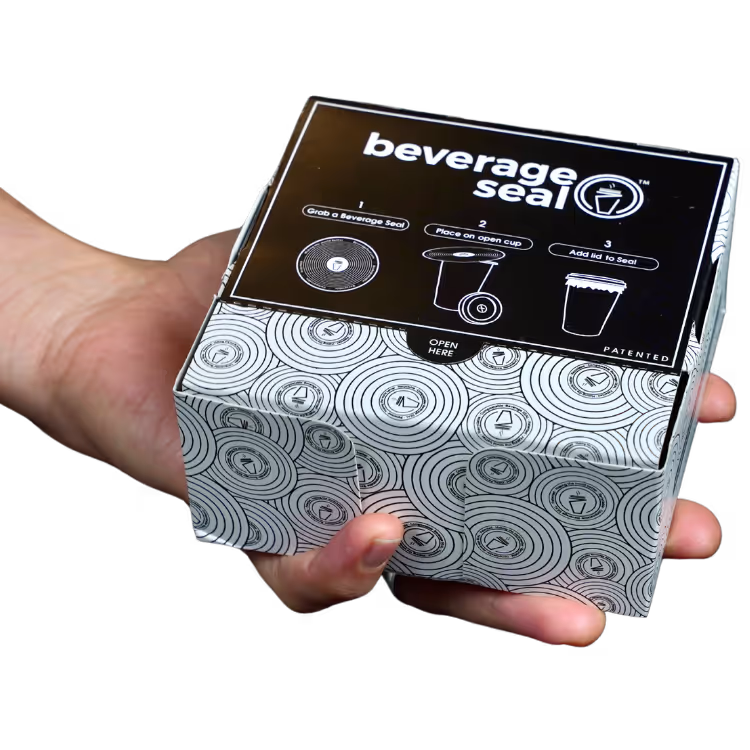 hand holding Beverage Seal box