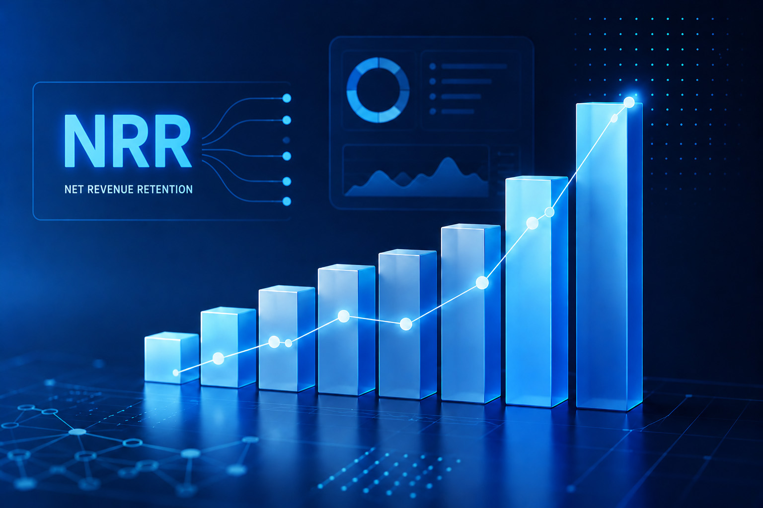 NRR Net Revenue Retention growth visualization representing enterprise AI analytics platform expansion and recurring revenue growth.