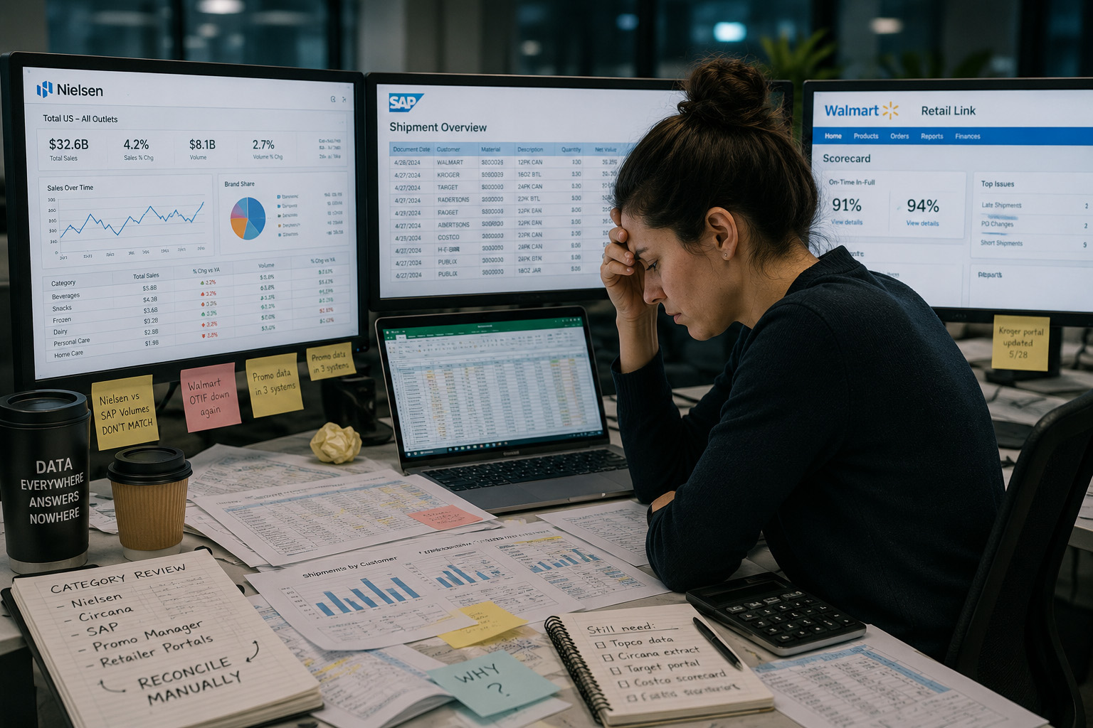 CPG data analyst reconciling Nielsen, Circana, SAP, and retailer portal data across multiple screens, spreadsheets, and reports.