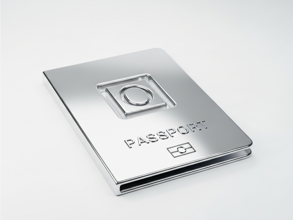 Silver 3D-rendered passport icon representing identity verification for Deriv account setup.