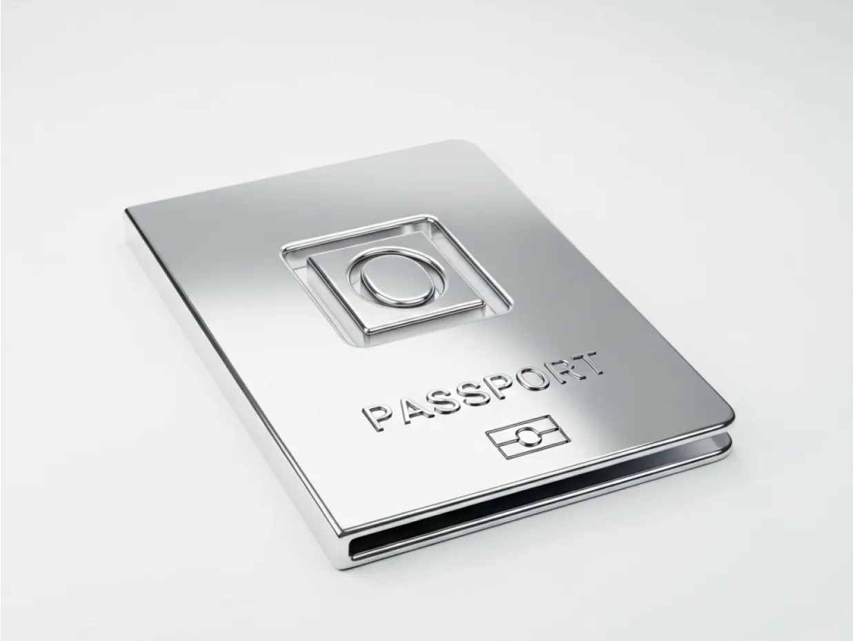 أيقونة جواز السفر الفضي ثلاثي الأبعاد الذي يمثل التحقق من الهوية لإعداد حساب Deriv.