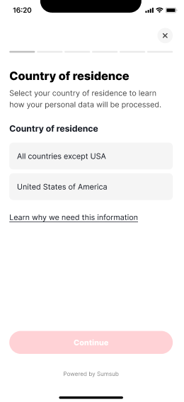Mobile screen showing Deriv form to select country of residence, with options.