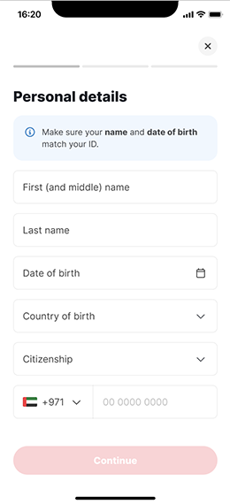 Mobile screen showing Deriv form to confirm personal details before ID verification, with name, date of birth, country, and email fields.