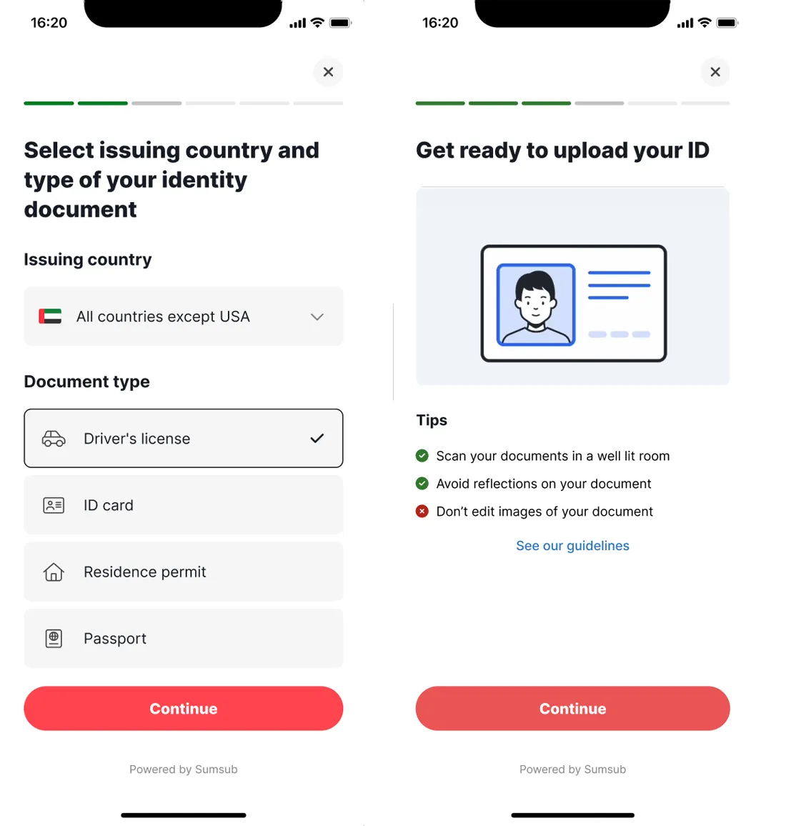 Mobile screen showing Deriv prompt to upload ID with tips for good lighting, avoiding reflections, and not editing document images.