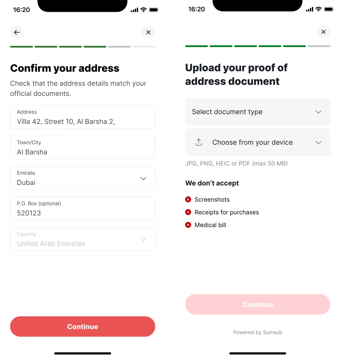 Mobile screen showing Deriv form to confirm address details, including street, city, emirate, P.O. box, and country fields.
