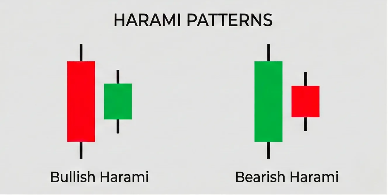 Bullish and bearish harami pattern charts showing small candle formations within larger trends