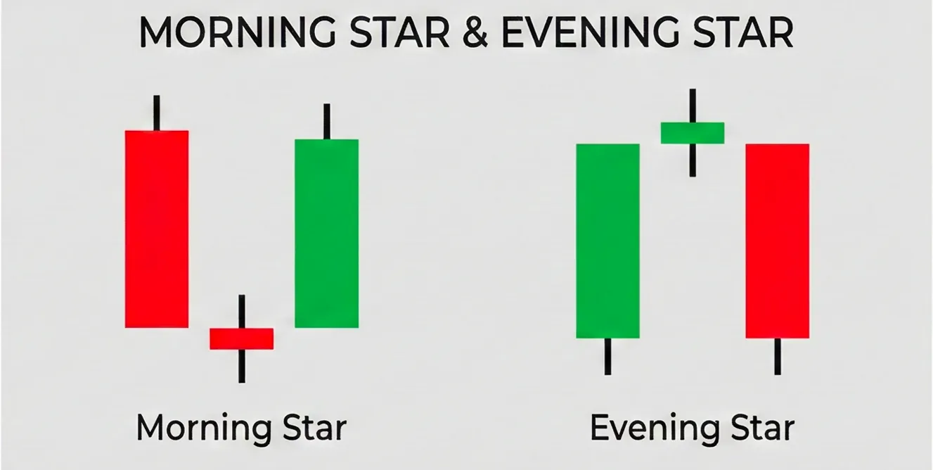 Morning star and evening star pattern diagrams showing three-candle reversal structures