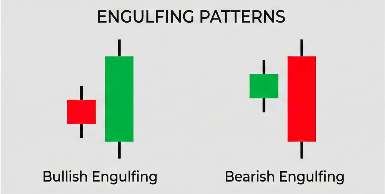Comparison of bullish and bearish engulfing patterns highlighting reversal signals in trend analysis