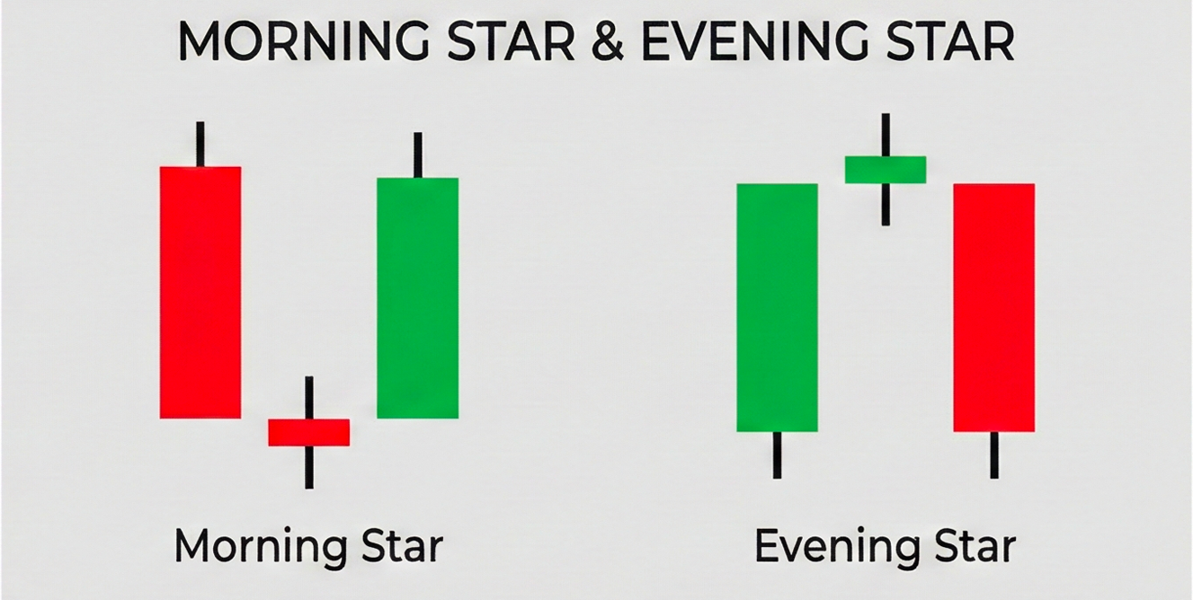 مخططات Morning Star ونمط Evening Star تُظهر هياكل انعكاس من ثلاث شموع
