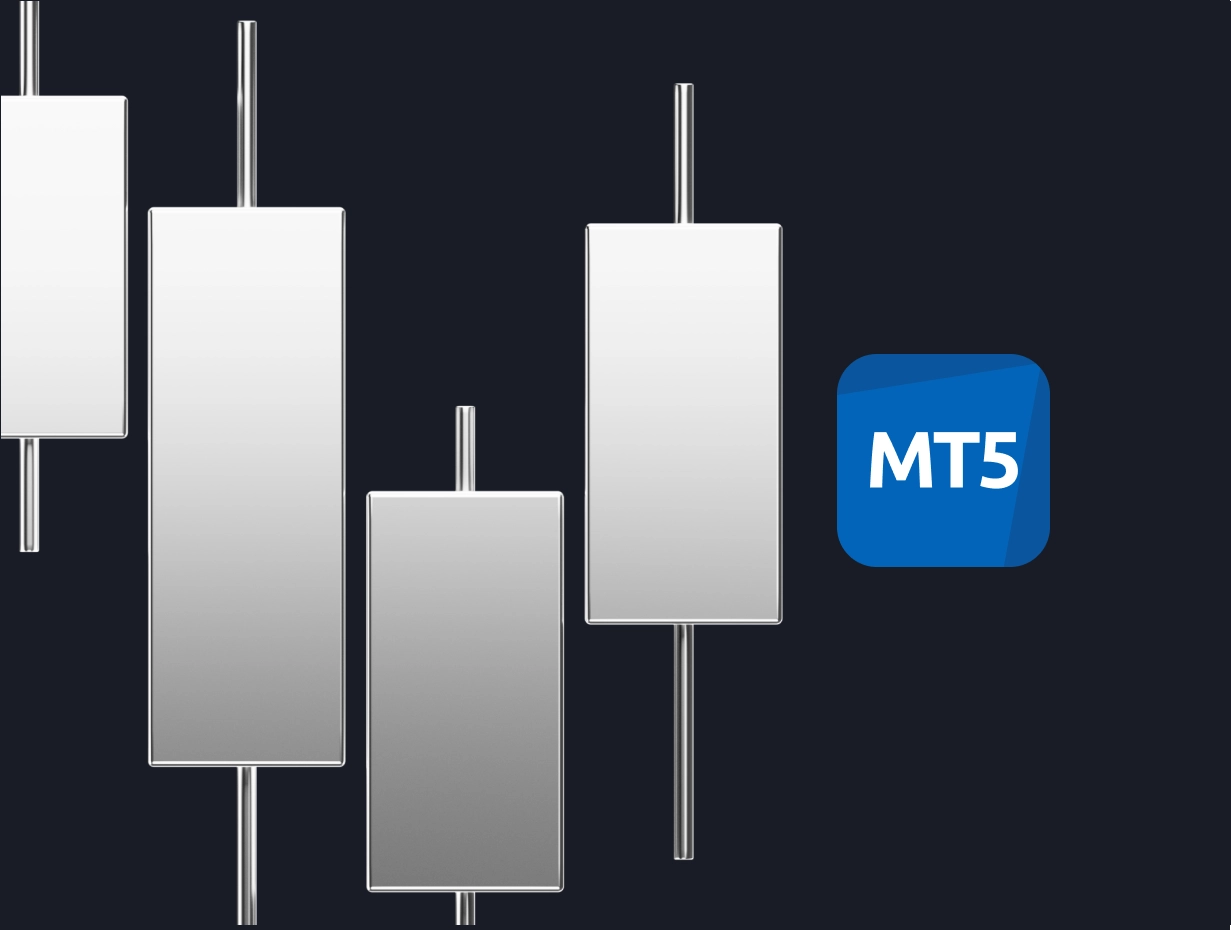 Silver candlestick chart bars on a dark background with the MetaTrader 5 (MT5) logo displayed on the right side, representing financial trading analysis.