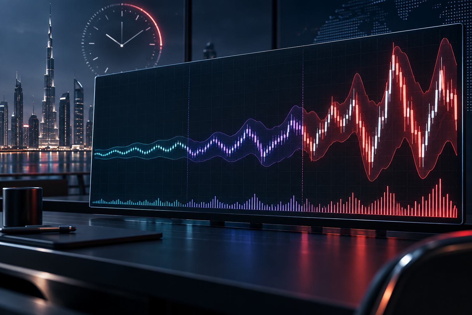 Abstract financial chart representing Volatility Indices and continuous algorithm-driven price movement on Deriv MT5.