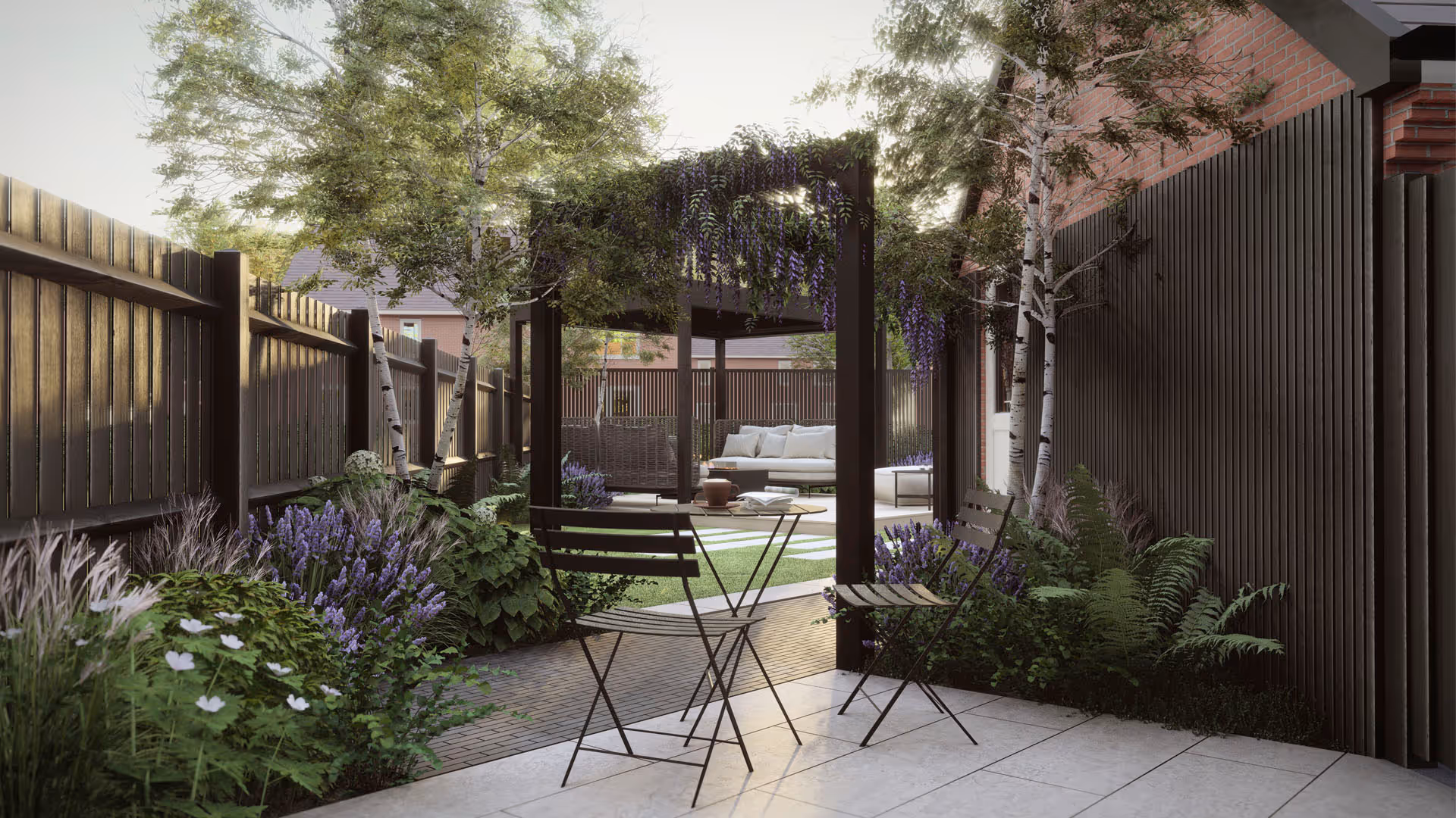 A 3d visualisation of a garden patio with a table and chairs next to a fence.