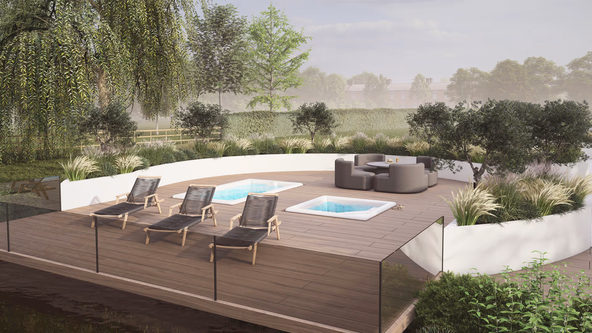 A 3d visualisation of a garden deck with chairs and a pool in the middle of it.