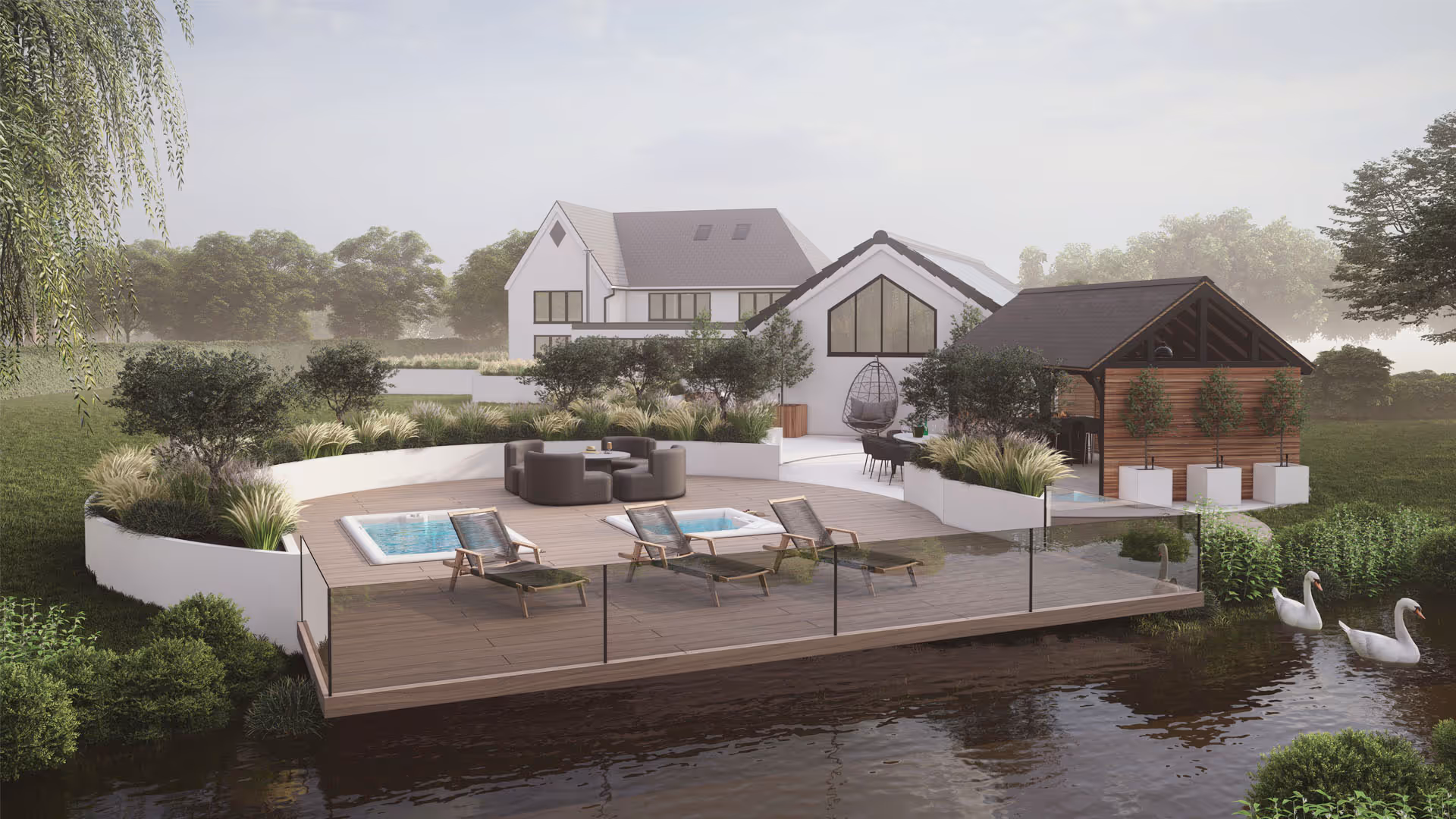 A 3d visualisation of a garden house with a pool and a deck next to a lake.