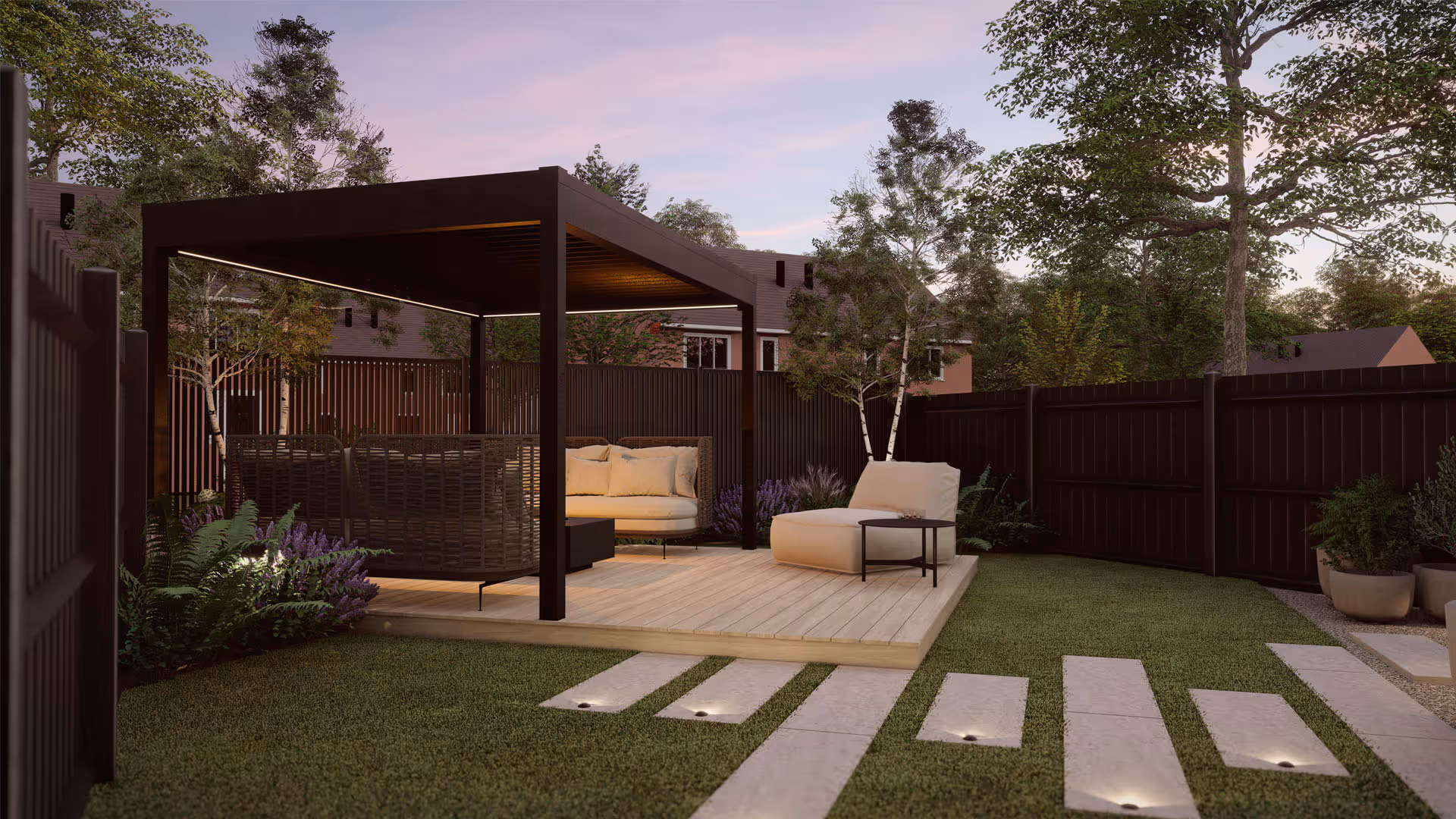 A 3d visualisation of a garden patio with a couch, table, chairs and a gazebo.