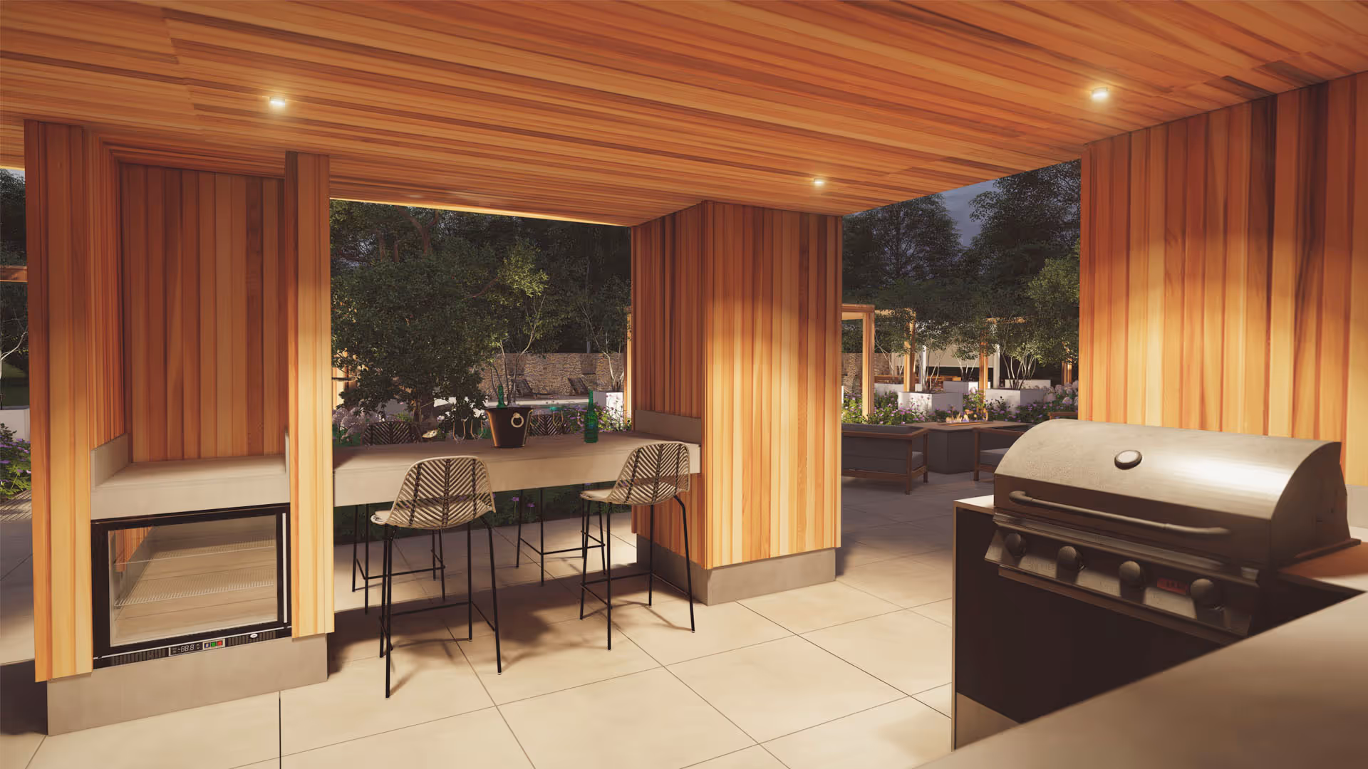 A 3d visualisation of a garden patio with a bbq and chairs and a grill.