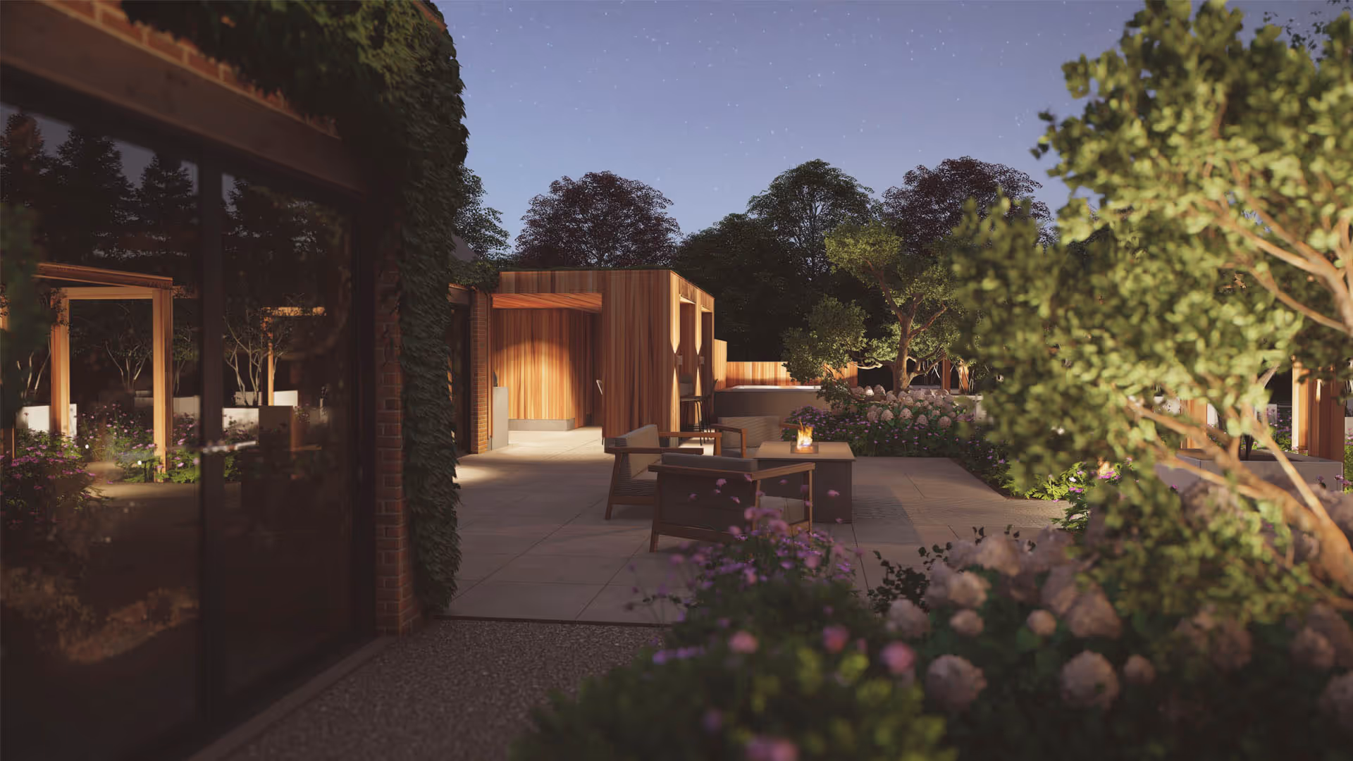 A 3d visualisation of a garden patio with a table and chairs next to trees.