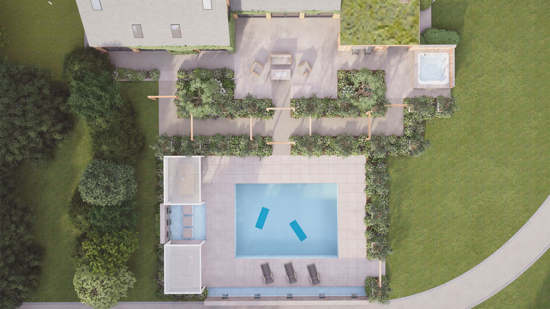 A 3d visualisation of a garden aerial view of a pool surrounded by trees.