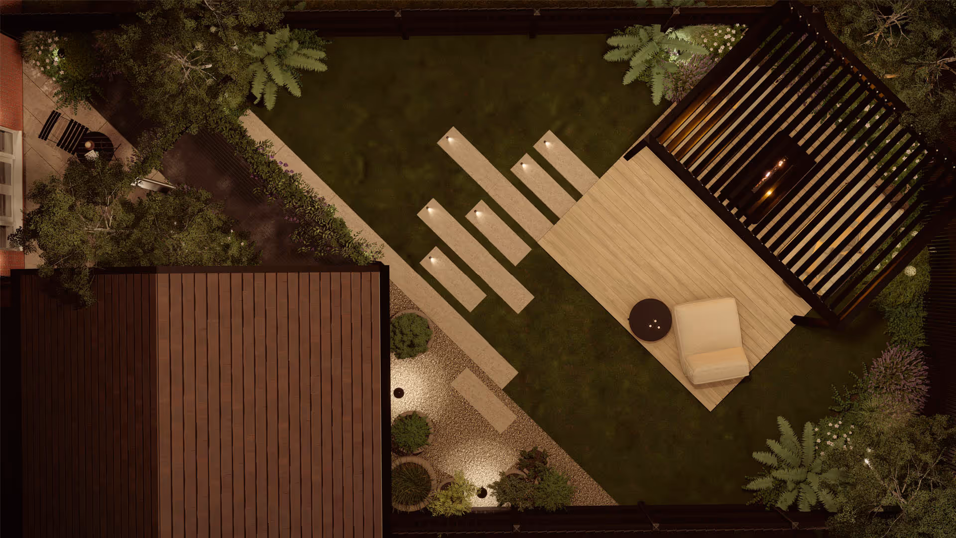 A 3d visualisation of a garden aerial view of a patio with a table and chairs.
