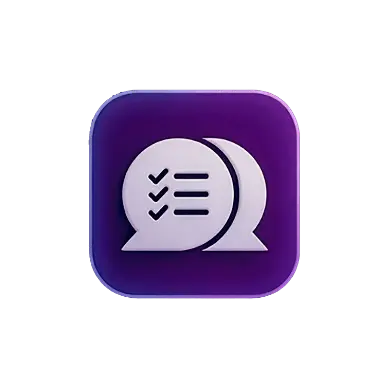 Purple rounded square icon with two chat bubbles, one showing a checklist with check marks.