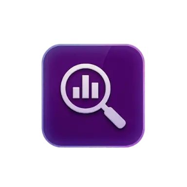 Purple app icon with white magnifying glass over a vertical bar chart.