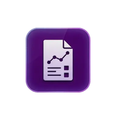 White report icon with a line chart on a purple rounded square button.