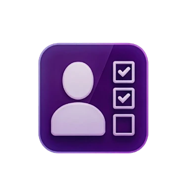 Icon of a person with a checklist showing two checked boxes and one empty box on purple background.
