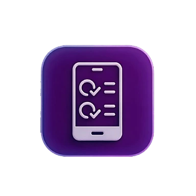 App icon with smartphone showing checklist with two checked circular arrows and lines on purple square background.