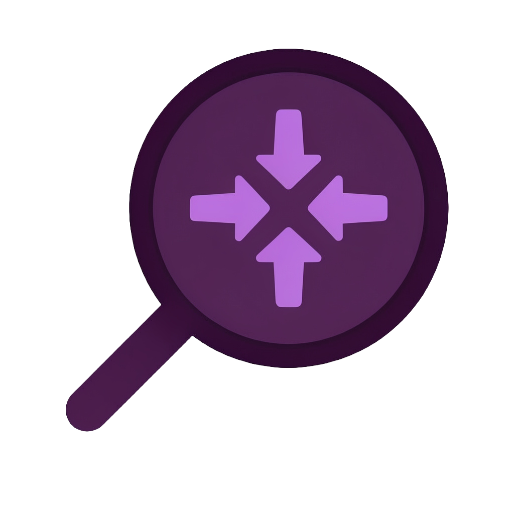Purple magnifying glass with four arrows pointing inward at the center.