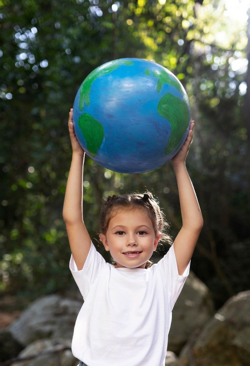 Smiling girl outdoors holding a globe above her head with both hands in nature.