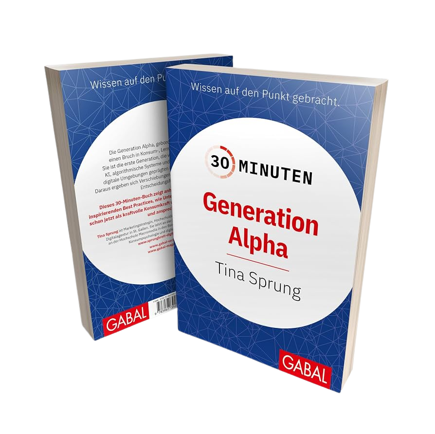 Book cover front and back showing 30 Minuten Generation Alpha by Tina Sprung with blue geometric background.