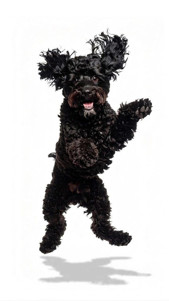 Black curly dog joyfully jumping with ears flapping and mouth open against a white background.