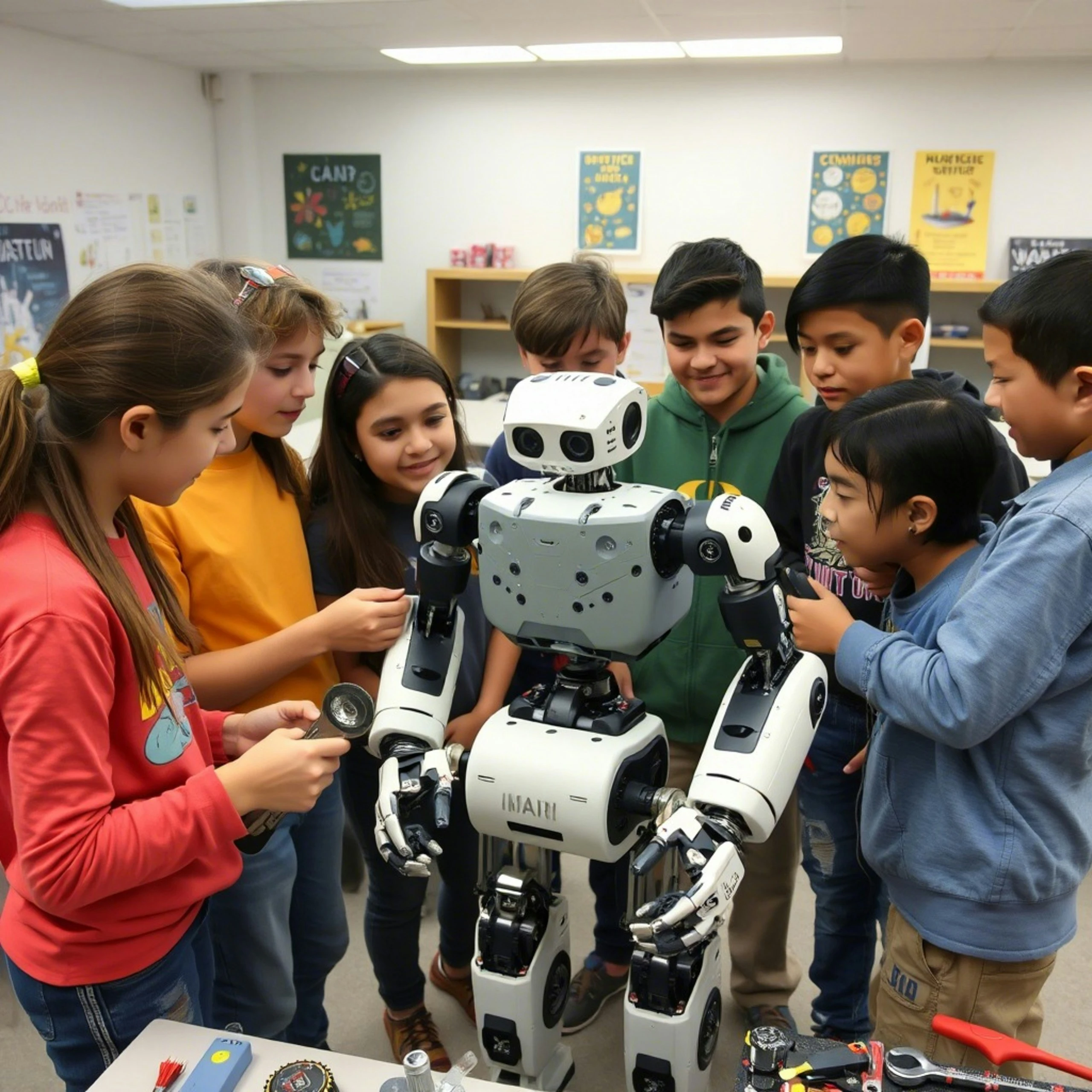A group of children gathered around and interacting with a humanoid robot in a classroom.
