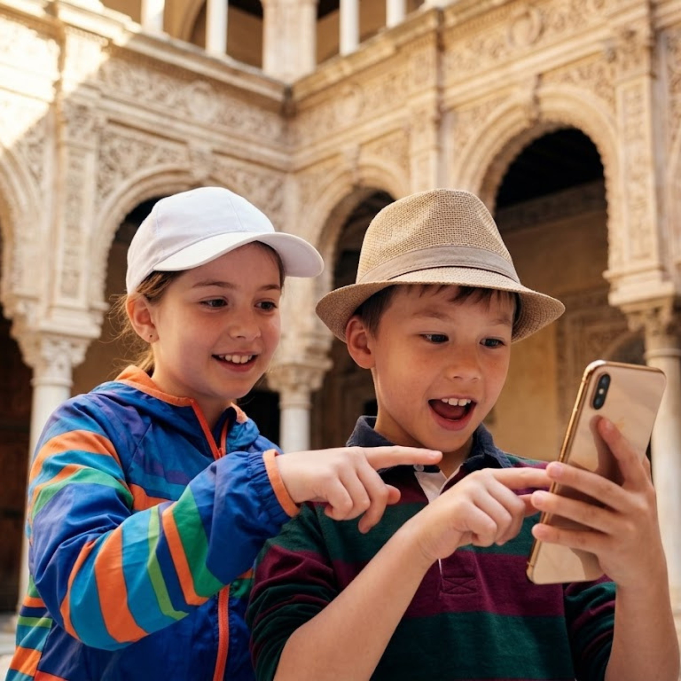 Two children excitedly looking at and pointing to a smartphone in a historic courtyard.