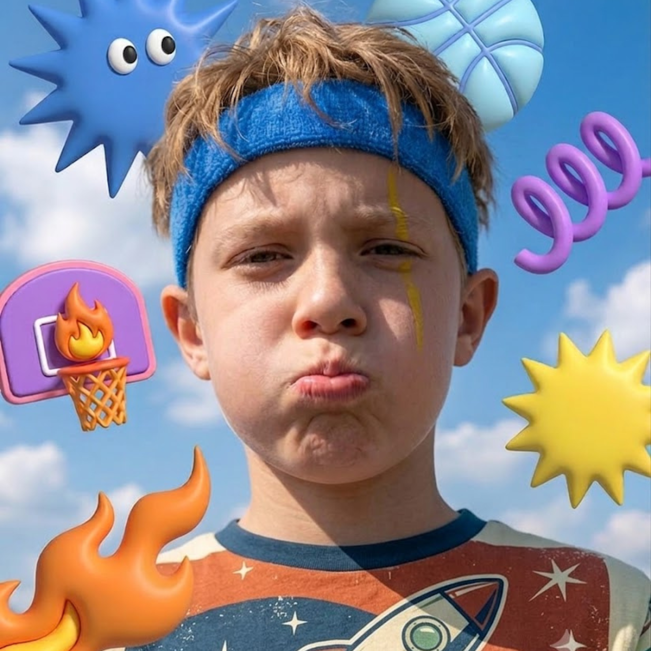 Boy with blue headband and space-themed shirt making a puffed cheek face with sky and emojis around.