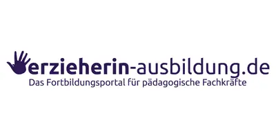 Logo with a purple hand icon and the text 'erzieherin-ausbildung.de' with a tagline below it.
