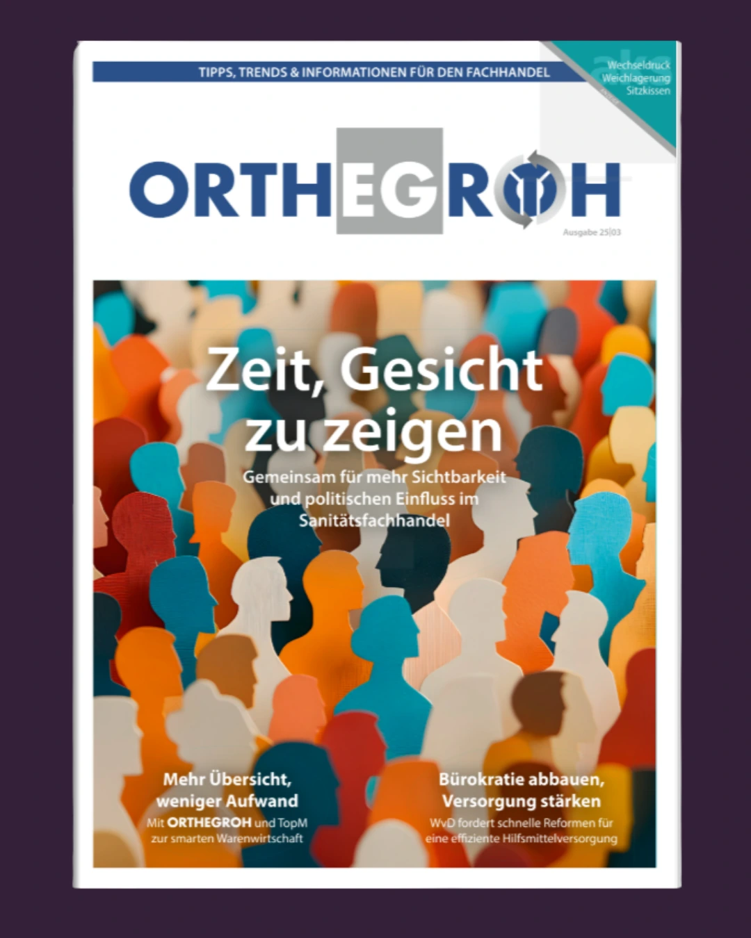 Colorful cutouts of diverse human profiles with German text about visibility and political influence.