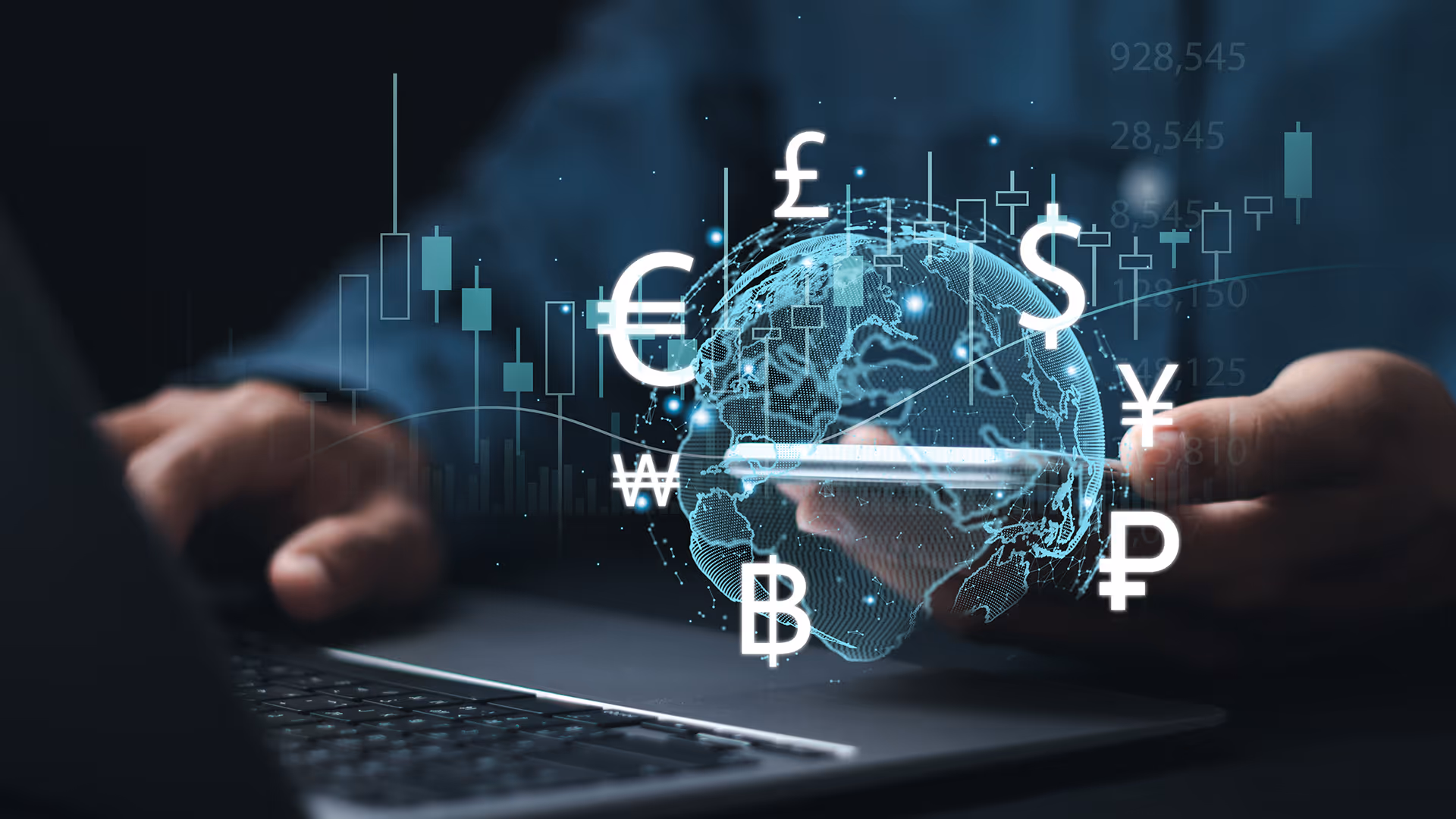 Holographic globe surrounded by currency symbols, representing cross-border payments