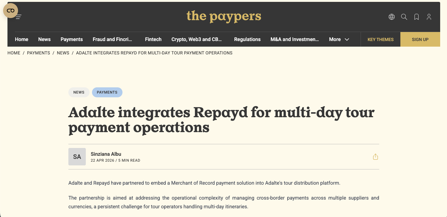 Adalte Integrates Repayd for Multi-Day Tour Payment Operations