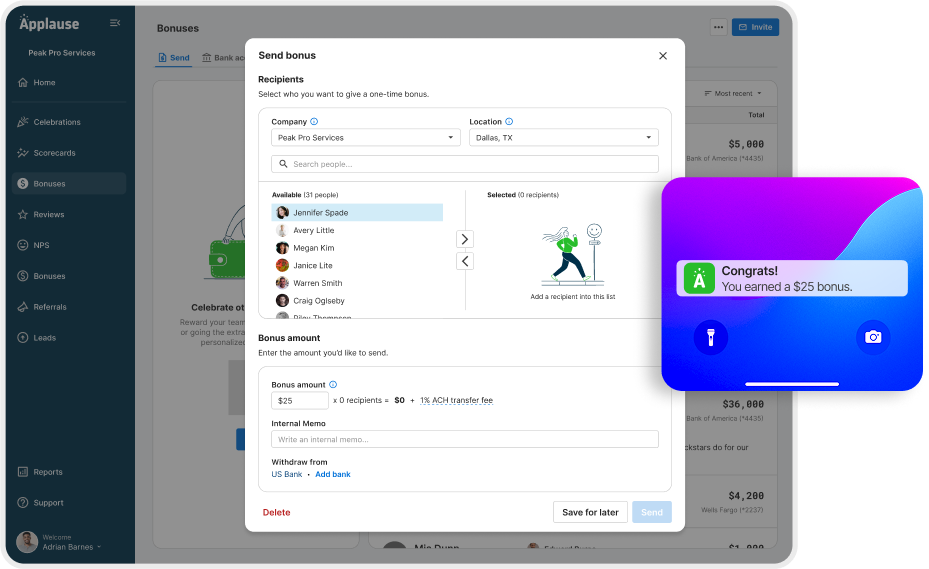 Dashboard interface showing a “Send bonus” screen with recipient selection, bonus amount input, and a side notification pop-up that says “Congrats! You earned a $25 bonus.