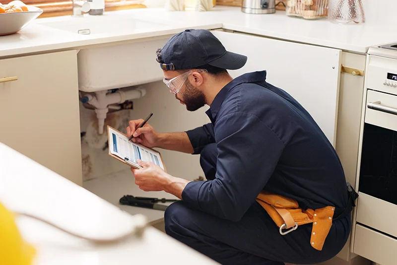 Service technician documenting inspection details during a plumbing maintenance visit.