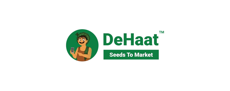 DeHaat logo with a cartoon farmer holding a mobile phone and the tagline 'Seeds To Market'.