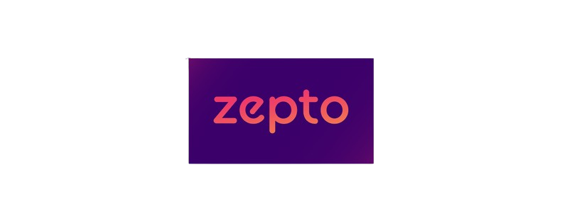 Zepto logo with orange text on a purple gradient background.
