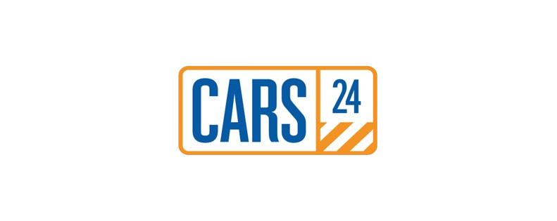 CARS 24 logo with blue text and orange border on white background.