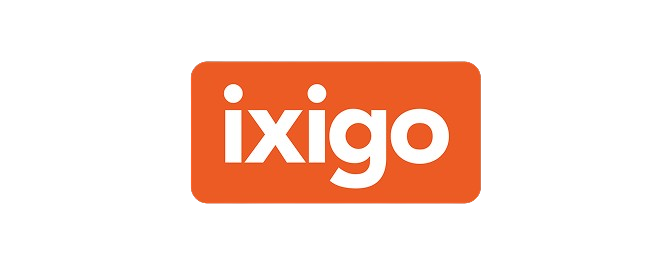 ixigo logo in white lowercase letters on an orange rounded rectangle background.