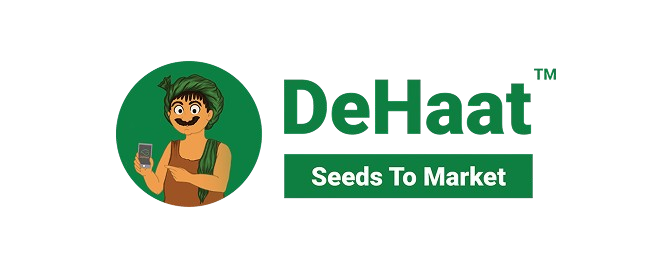 DeHaat logo with a cartoon farmer holding a mobile phone and the tagline 'Seeds To Market'.