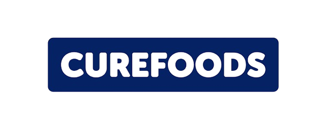 CUREFOODS company logo with bold black text inside a dark blue rectangular background.