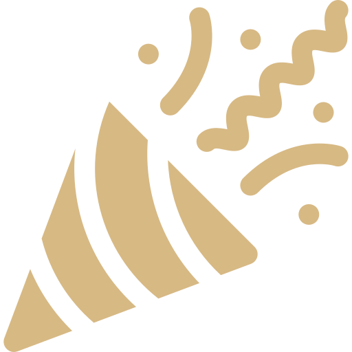 Gold party popper icon with confetti streams.