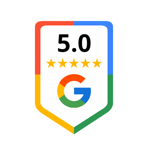 Google rating badge showing 5.0 stars and the multicolored Google G logo.