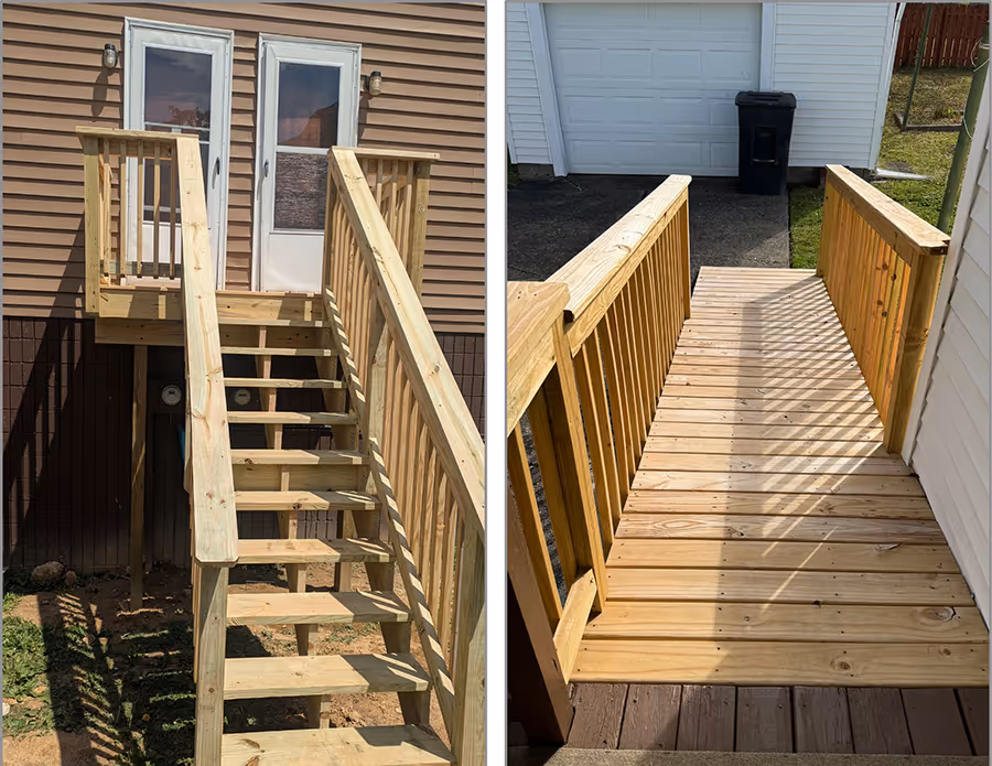 two side‑by‑side photos of new wooden structures: the left shows an exterior staircase with railings leading up to a pair of white doors, and the right shows a railinged wooden walkway extending from a house to a driveway
